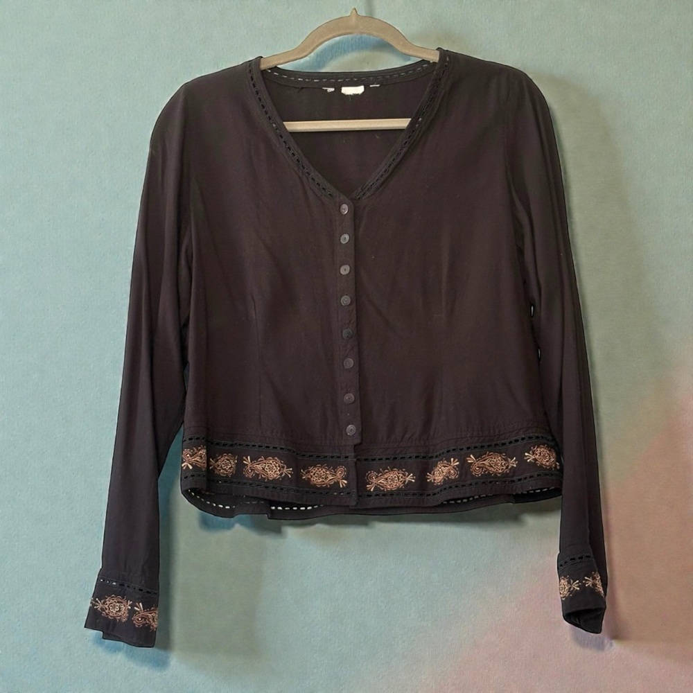 Vintage Black Linen Embroidered Copper Paisley Button Up Piratecore Sz Small